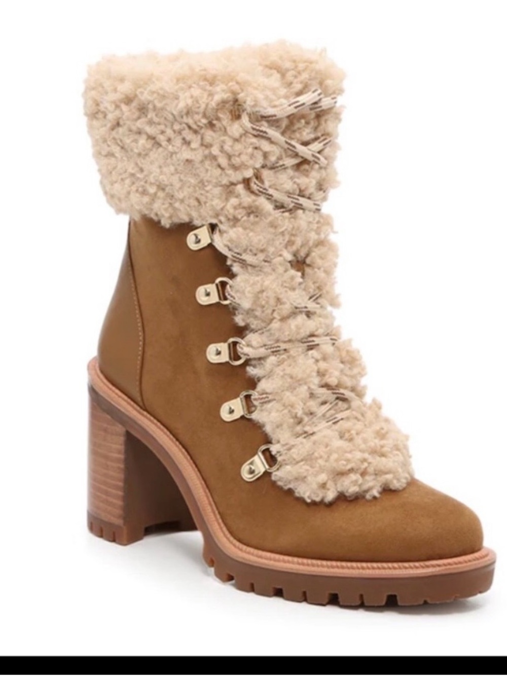 JLO Women's Tan Shearling Lace-Up Block Heel Boot